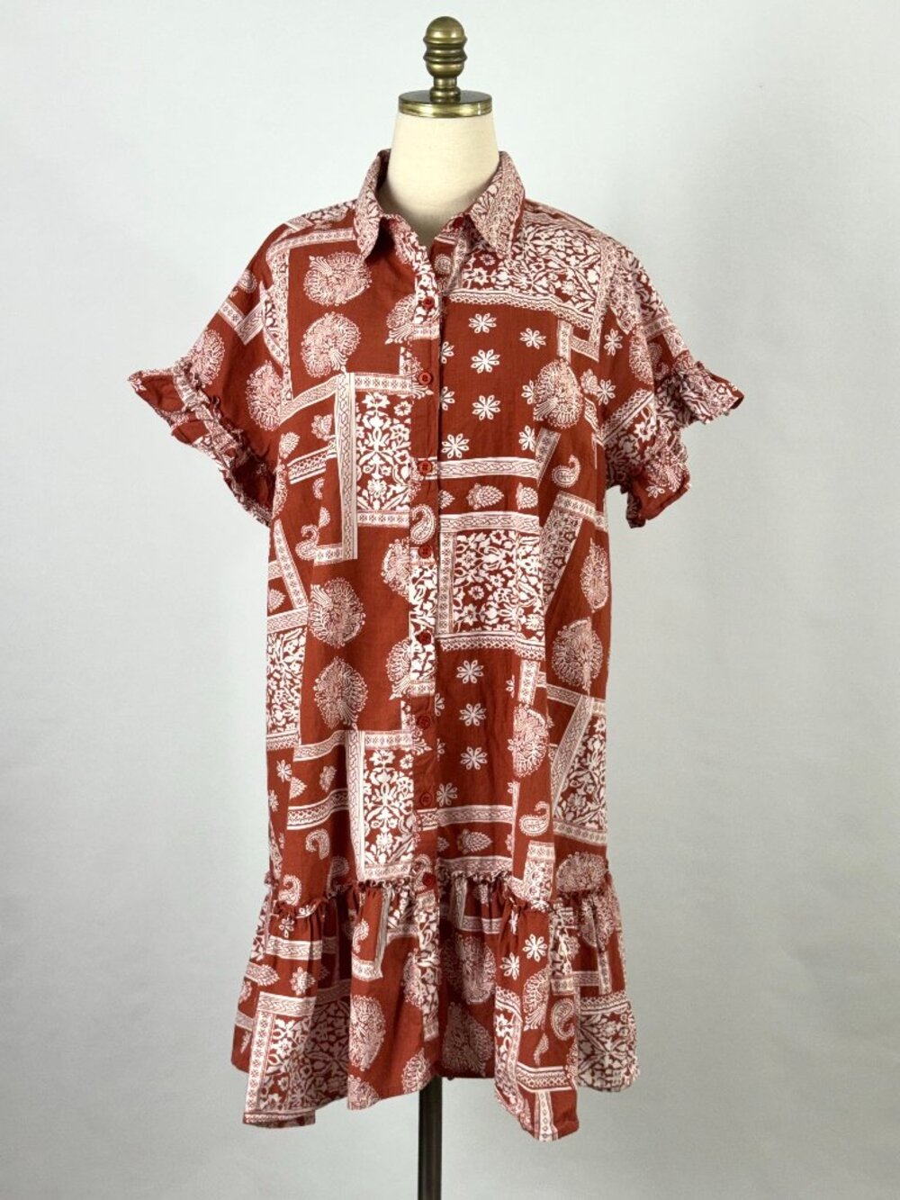 Meadow Rhodes Cotton Floral Block Print Shirt Dress 1X Ruffles Rust Orange